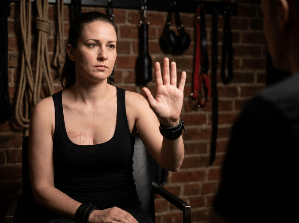 Woman with a chest scar wearing a black tank top raising her hand to signal stop