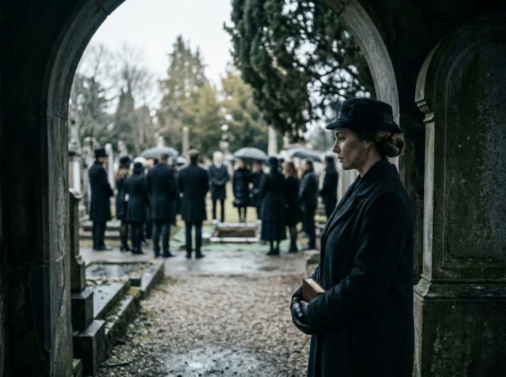 Woman in black coat and hat with veil watching a group attending a funeral at a graveyard